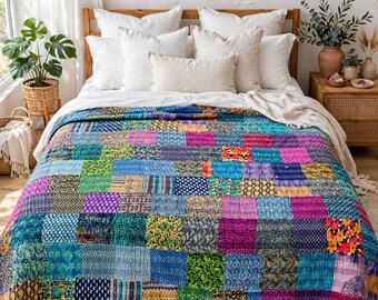 Handmade Kantha Quilt, Bohemian Patchwork Bedspread, Queen Size