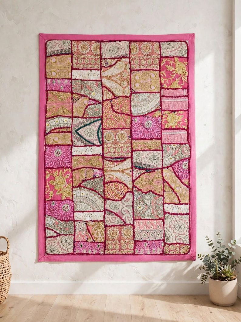 May include: A rectangular wall hanging featuring a patchwork design of various fabric squares in shades of pink, gold, and cream. The piece is bordered by a solid pink frame and decorated with intricate embroidery, metallic thread, and sequins.