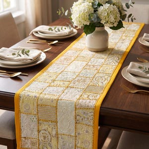 Handmade Patchwork Table Runner | Embroidered Beaded Fabric | Boho Indian Decor Yellow