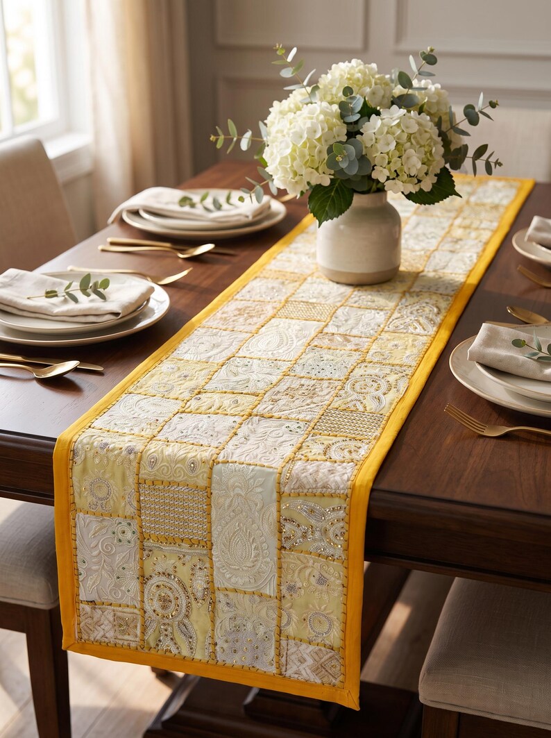 Handmade Patchwork Table Runner | Embroidered Beaded Fabric | Boho Indian Decor Yellow
