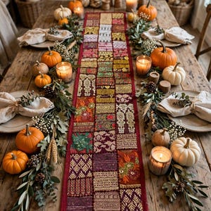 May include: A rectangular table runner featuring a patchwork design of various embroidered fabric squares in shades of red, gold, green, and purple, centered on a rustic wooden table decorated with orange and white pumpkins and candles.