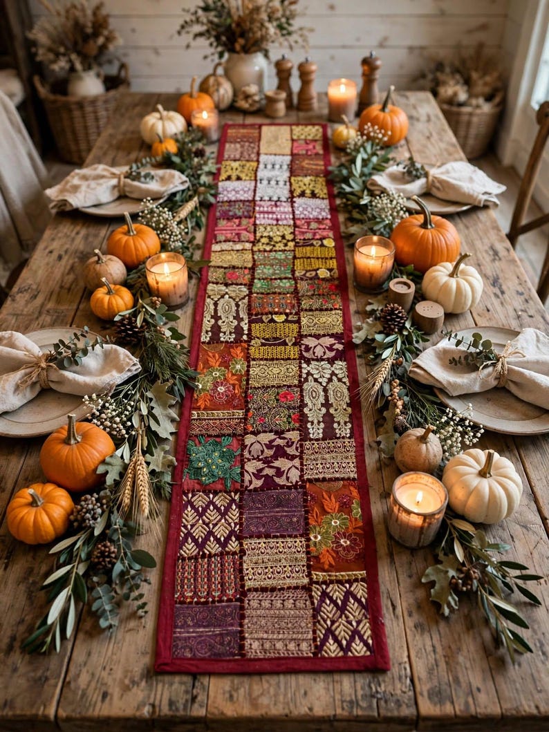 May include: A rectangular table runner featuring a patchwork design of various embroidered fabric squares in shades of red, gold, green, and purple, centered on a rustic wooden table decorated with orange and white pumpkins and candles.