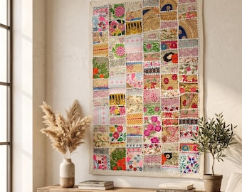Tapisserie en patchwork de sari fait main, art textile indien brodé