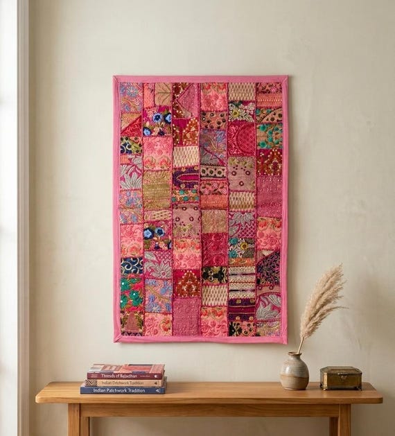 Handmade Indian Sari Patchwork Wall Tapestry | Embroidered Boho Wall Art | Ethnic Home Decor | 36x24 inches