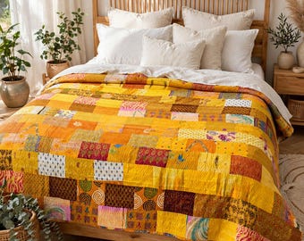 Handmade Kantha Quilt, Bohemian Patchwork Bedspread, Queen Size