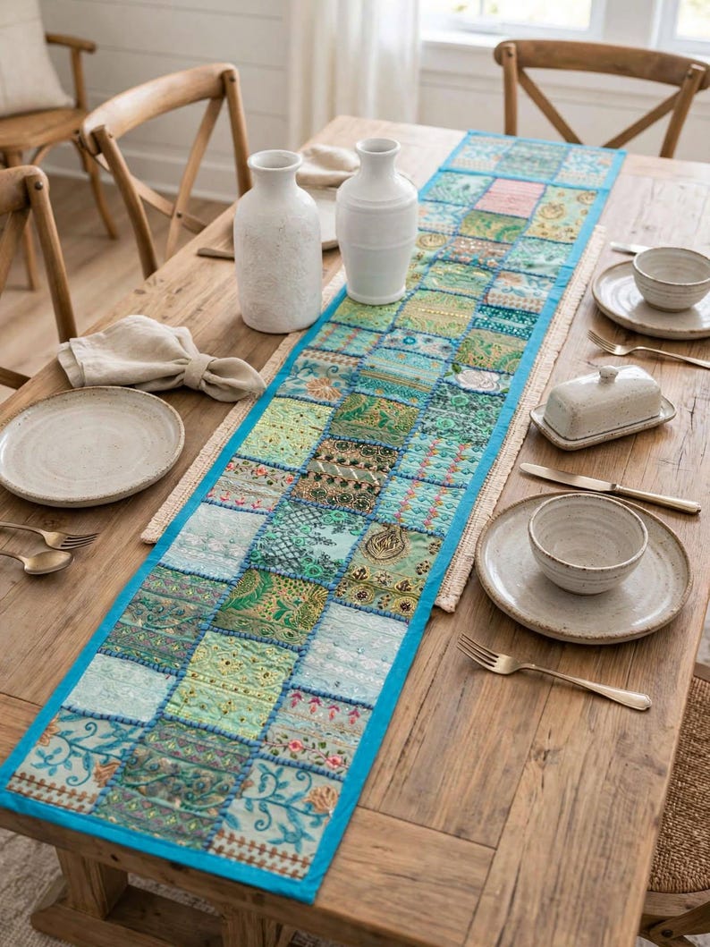 Puede incluir: Un camino de mesa rectangular largo con un dise&ntilde;o de patchwork de varios cuadrados de tela verdes y azules con bordados intrincados, lentejuelas y motivos florales, acabado con un borde azul brillante, colocado sobre una mesa de madera.