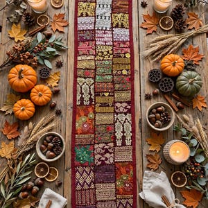 May include: A rectangular table runner featuring a patchwork design of various embroidered and beaded fabric squares in shades of burgundy, gold, and green, centered on a wooden surface surrounded by autumn-themed decorations.