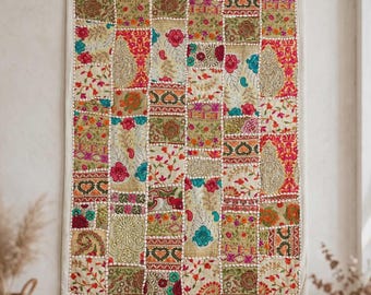 Handmade Sari Patchwork Tapestry, Embroidered Indian Textile Art