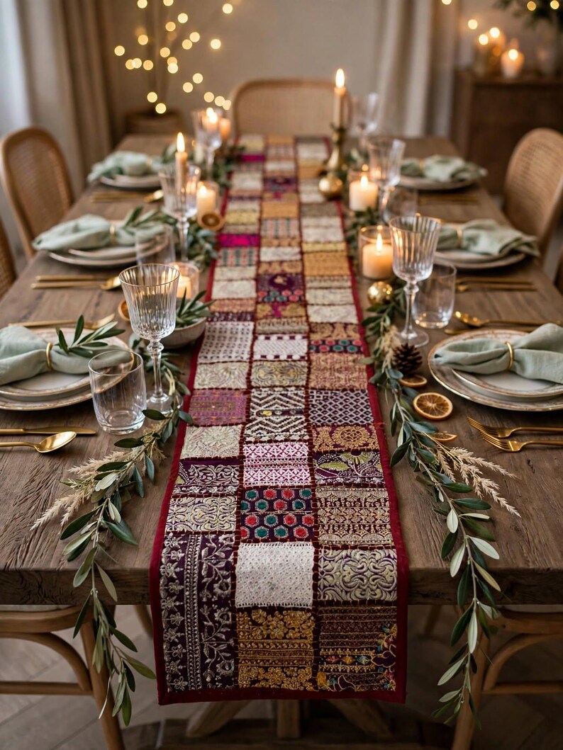 May include: A rectangular table runner featuring a patchwork design of various embroidered fabric squares in shades of deep red, gold, white, and purple, accented with metallic thread, sequins, and intricate floral and geometric patterns.
