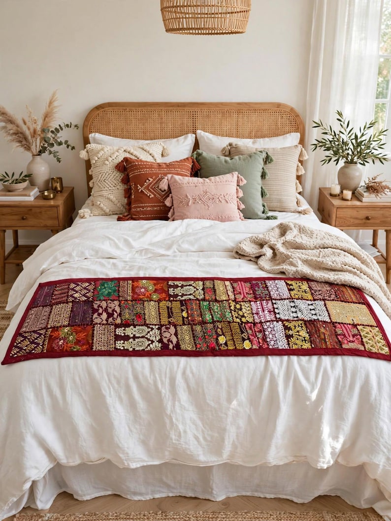 May include: A rectangular bed runner featuring a patchwork design of various embroidered fabrics in shades of red, gold, green, and purple. The runner is laid across a white bedspread, showcasing intricate patterns and textures in each fabric square.