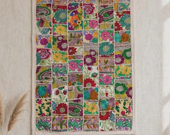 Handmade Sari Patchwork Tapestry, Embroidered Indian Textile Art