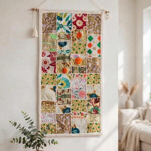 Indian Patchwork Wall Hanging, Boho Embroidered Tapestry, Bohemian Home Decor (80x40cm) tapestry