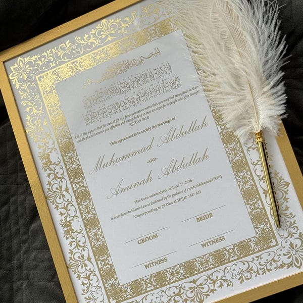 Gold Foil Islamic Wedding Certificate | Personalized Nikkah Contract, Signing Quill