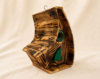 Unique Burnt Wood Birdhouse | Hanging Fairy Garden Decor | Asymmetrical Wild Bird Shelter