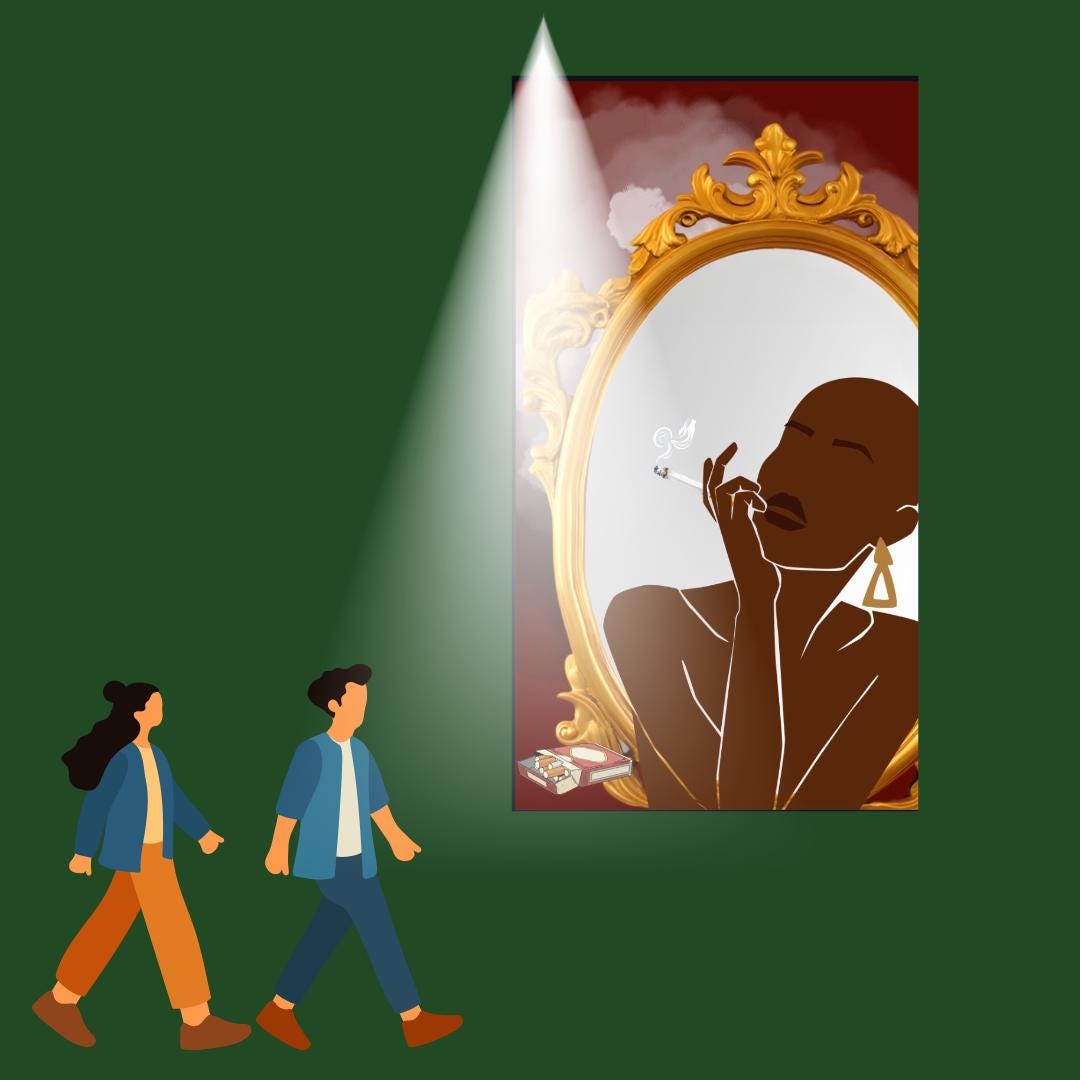 Smoking Reflection Design Burgundy Digital Print of Black Woman in Reflection While Smoking a ...