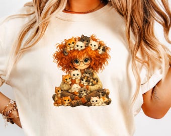 Kitten Lover T-Shirt, Whimsical Cartoon Girl Graphic Tee, Cozy Cottagecore Aesthetic Apparel, Cute Cat Mom Sweatshirt, Animal Illustration