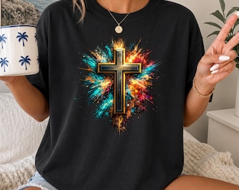 Colorful Cross Shirt, Watercolor Cross Shirt, Christian Cross T-Shirt, Comfort Colors® Christian Shirts