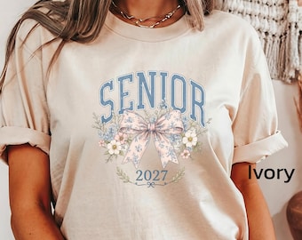 Senior 2027 Comfort Colors T-Shirt: Floral Preppy Bow Design