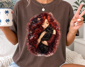 Celestial Woman Black Cat T-Shirt, Cosmic Galaxy Hair Graphic Tee, Witchy Space Aesthetic Sweatshirt, Mystical Starry Night Apparel