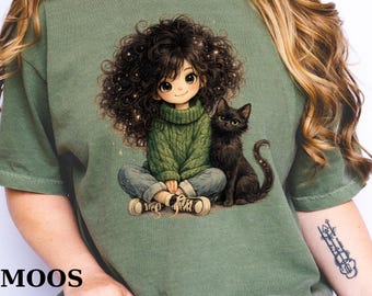 Curly Hair Girl and Black Cat T-Shirt, Cozy Cottagecore Aesthetic Graphic Tee, Whimsical Cartoon Illustration, Cute Animal Lover