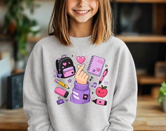 Back To School Sweatshirt, Finger Heart School Shirt, Cute Kawaii School Supplies Sweatshirt, Coquette School Girl Shirt, First Day Outfit