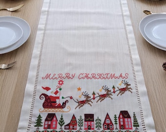 Handgeborduurde kersttafelloper, kerstman en rendier