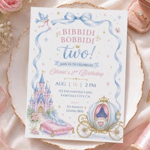 Bibbidi Bobbidi TWO Invitation Template, Pink & Blue Princess Birthday Invitation, Bippity Boppity Two Birthday Invite, Canva Editable