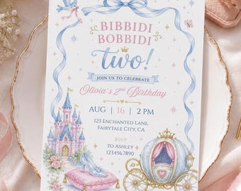 ビビディ・ボビディ・ツーの招待状テンプレート、ピンクとブルーのプリンセス誕生日招待状、ビビディ・ボビディ・ツーの誕生日招待状、Canva編集可能