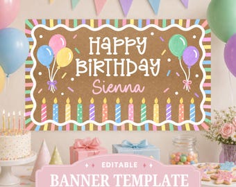 Pastel Birthday Banner Template, Editable Canva Backdrop, Colorful Girly Party Decor, Any Age Happy Birthday Sign, 2x6 3x5 Digital Download