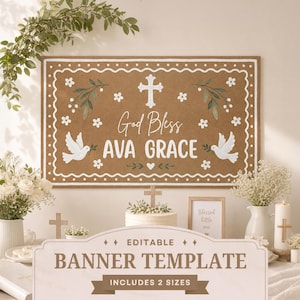 Pode incluir: Um banner retangular castanho com uma borda recortada branca, uma cruz branca central, duas pombas brancas e detalhes de folhas verdes. O texto diz God Bless e AVA GRACE em branco. A parte inferior inclui uma etiqueta de modelo editável.