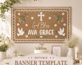 Erste heilige Kommunion Banner Vorlage, benutzerdefinierte Taufe Banner, personalisierte God Bless Banner, Taufdekoration, Canva bearbeitbar