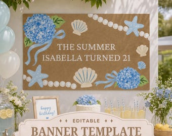 Summer I Turned Pretty Banner Template, Editable Canva Birthday Backdrop, TSITP Party Decor, Blue Coastal Painted Banner, Any Age, 2x6 3x5