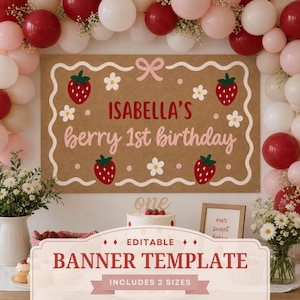 Puede incluir: Una pancarta rectangular de color canela con el texto ISABELLA'S berry 1st birthday en letras rojas y rosas, decorada con fresas rojas, flores blancas y un lazo rosa, rodeada por un borde ondulado blanco y un arco de globos.
