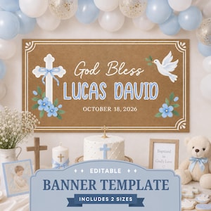 Faixa de Batismo para Menino, Modelo Editável no Canva, Placa Personalizada para Batizado, Faixa "Deus Abençoe", Decoração para Festa de Primeira Comunhão, Walgreens