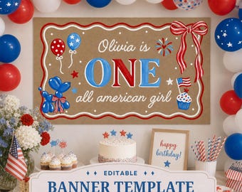 オールアメリカンガールバースデーバナー、愛国的な1歳の誕生日背景テンプレート、7月4日のパーティーデコレーション、Canva編集可能、2x6 3 x 5インチ