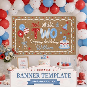 May include: A rectangular birthday banner template on a brown background with red, white, and blue polka dots. The text reads red, white & TWO Happy birthday William. It features illustrations of balloons, a party hat, and a birthday cake.