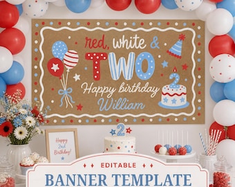 Red White and Two Banner Template, Patriotic Party Backdrop, Fourth of July Decor, Editable Canva Sign, Second Birthday Celebration, 2x6 3x5