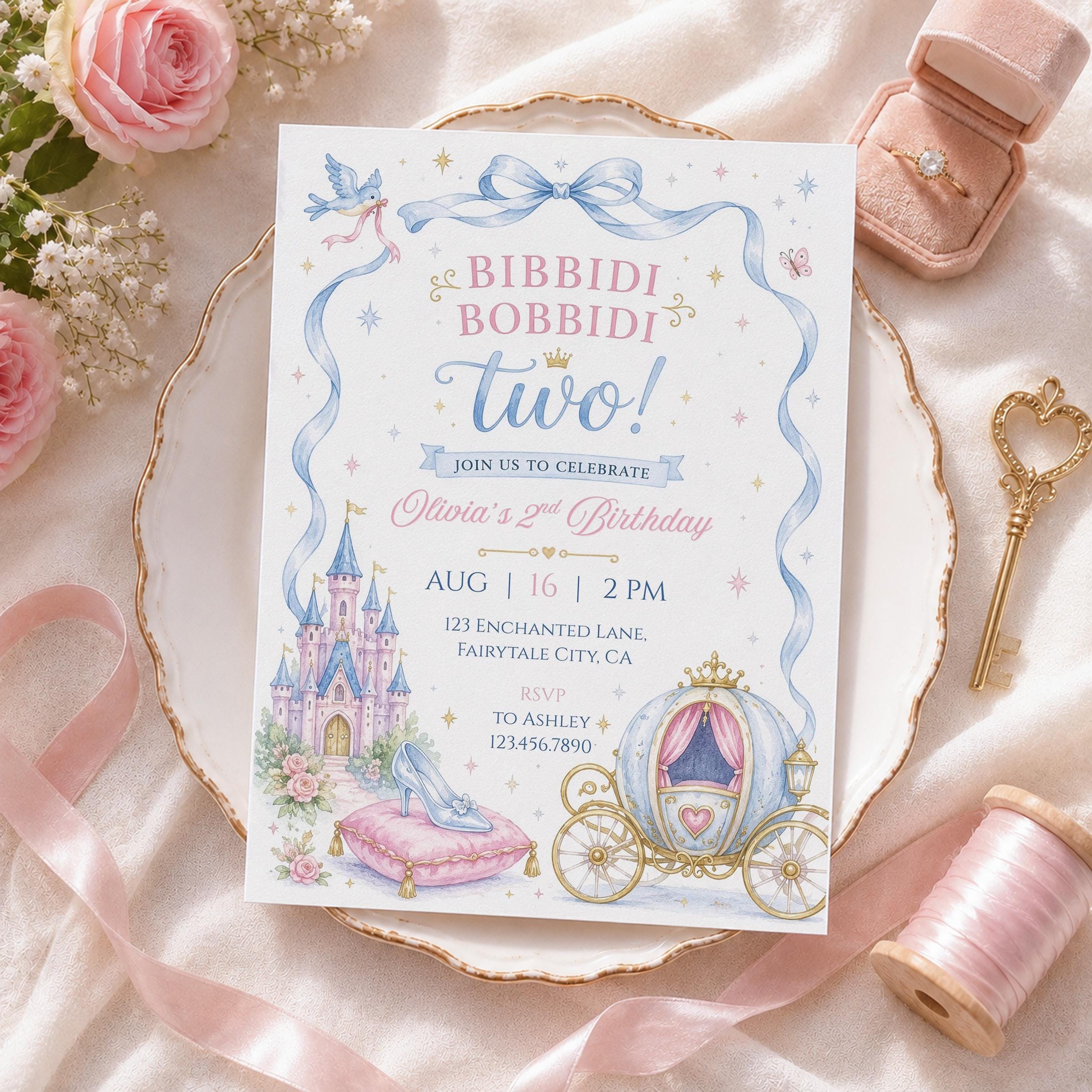 Bibbidi Bobbidi TWO Invitation Template, Pink & Blue Princess Birthday ...