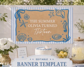 Modèle de bannière « L'été où je suis devenue jolie », bannière Canva modifiable, bannière d'anniversaire sur le thème de la mer, décoration de fête TSITP, 60 x 180 cm et 90 x 150 cm, tous âges