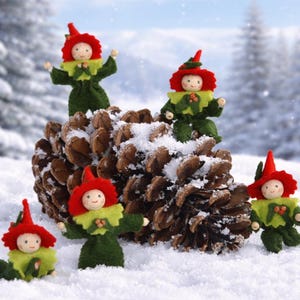 May include: Five small Christmas elf figurines with red hats and green outfits are arranged around a large pine cone covered in snow. The elves have wooden faces and are posed in various positions, set against a snowy winter backdrop.