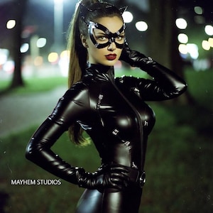 May include: A woman in a black, form-fitting catsuit with a matching mask and gloves. The mask has cat-like ears. The outfit has a zipper down the front and is accessorized with a belt. The image is taken at night.