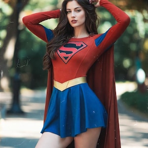 May include: A red and blue superhero costume with a cape. The costume features a red top with a black and red emblem, a blue skirt, and red boots. A gold belt accents the waist. The image includes the text "MAYHEM STUDIOS".