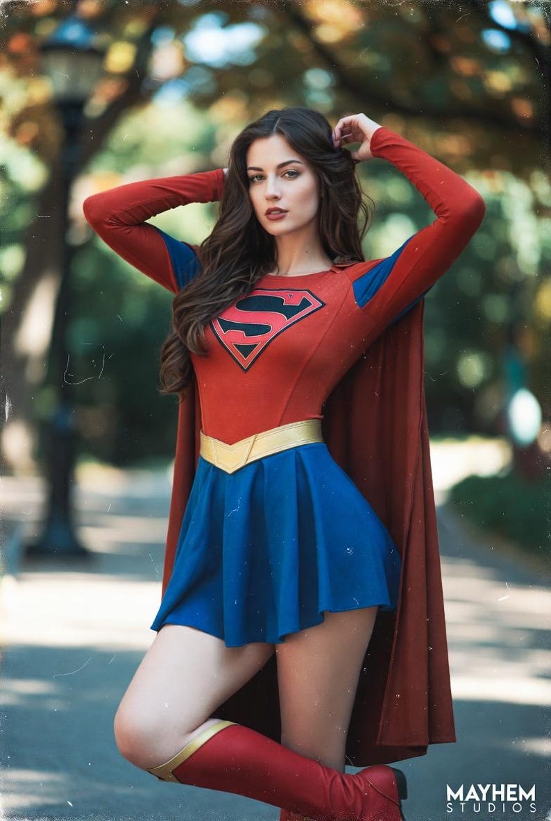 May include: A red and blue superhero costume with a cape. The costume features a red top with a black and red emblem, a blue skirt, and red boots. A gold belt accents the waist. The image includes the text "MAYHEM STUDIOS".