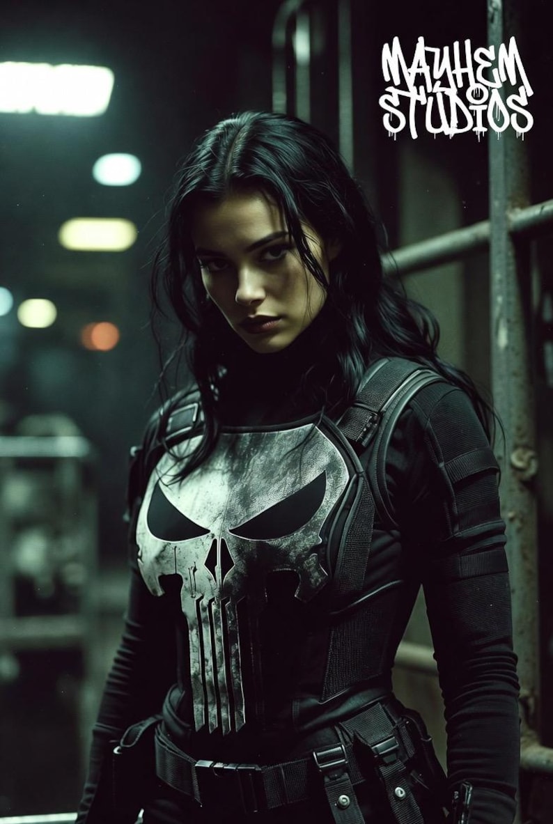 May include: A person wearing a black tactical vest with a skull design, black long-sleeve shirt, and tactical gear. The image has the text "MAYHEM STUDIOS" in white. The background is a dark, industrial setting.