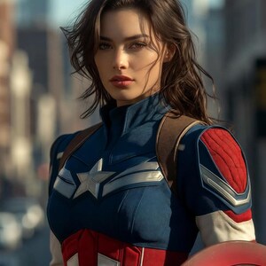 May include: A woman in a Captain America-inspired costume, featuring a blue and red color scheme with a star emblem. The image includes the "Mayhem Studios" logo. She is holding a shield.