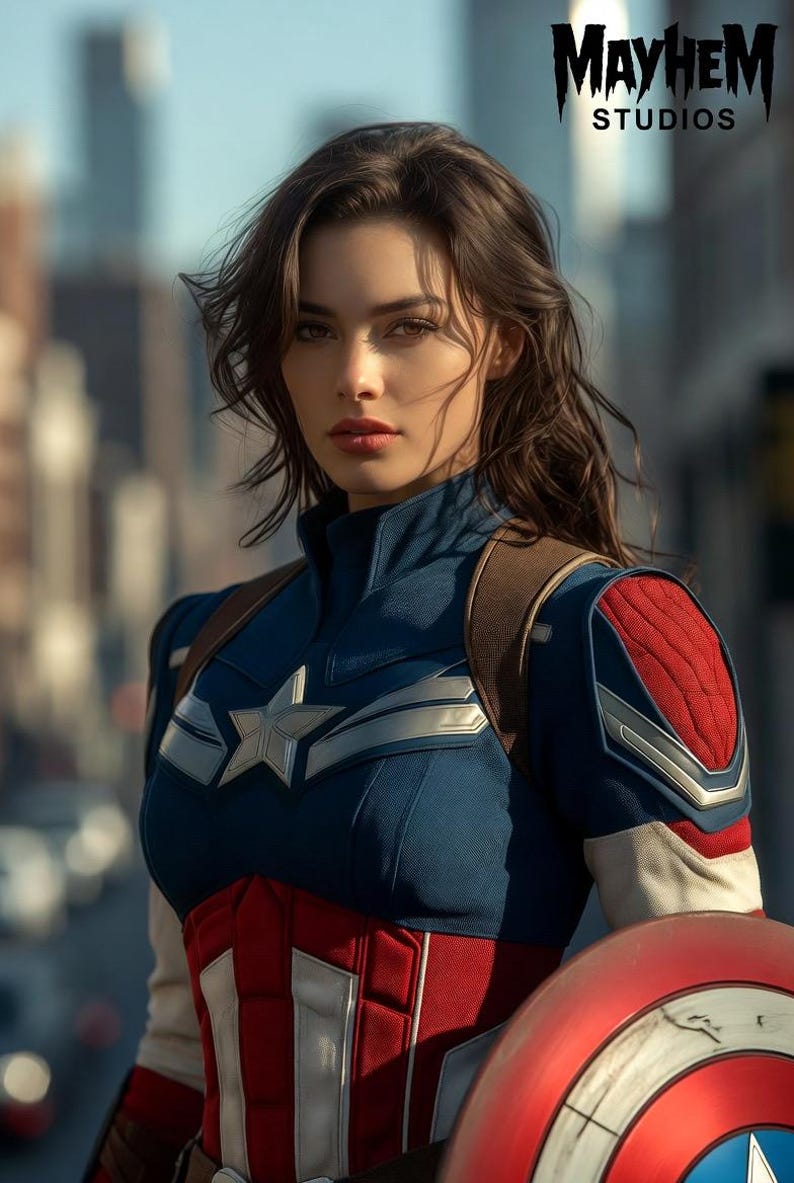 May include: A woman in a Captain America-inspired costume, featuring a blue and red color scheme with a star emblem. The image includes the "Mayhem Studios" logo. She is holding a shield.