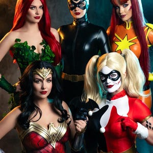 May include: A group of cosplayers dressed as DC Comics characters, including Poison Ivy, Catwoman, Wonder Woman, Harley Quinn, and a character in an orange and yellow costume. The image has the text "DC COMICS PRESENTS" at the top and "PHOTO CREDIT: MAYHEM STUDIOS" at the bottom.