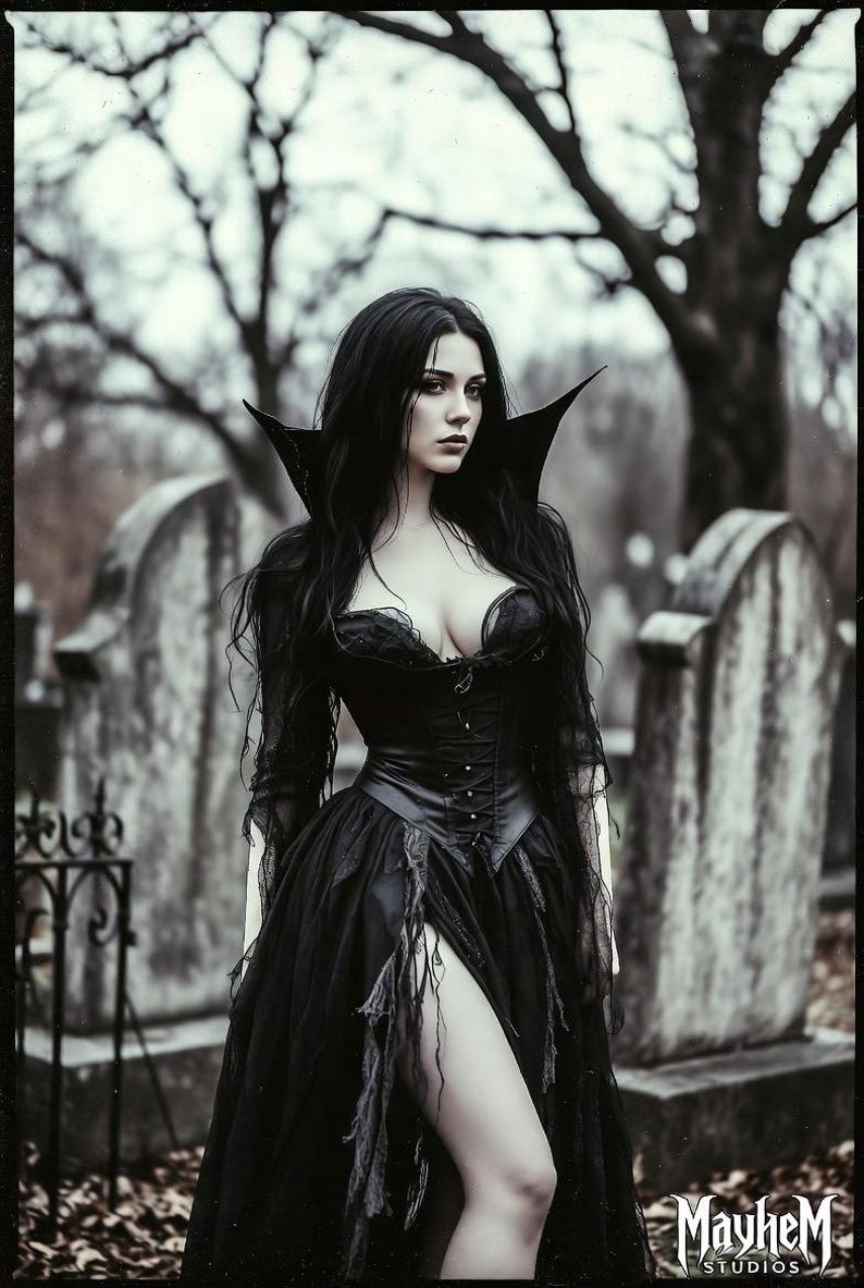 May include: A woman in a black gothic dress with a high collar stands in a cemetery. The dress features a corset, a high slit, and tattered fabric. The background includes tombstones and bare trees.