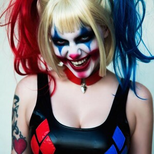 May include: A person with blonde hair styled in pigtails, one red and one blue. The person is wearing a black top with red and blue diamond shapes. The face is painted with a clown-like design, and the text "HARLEY QUINN" is visible.