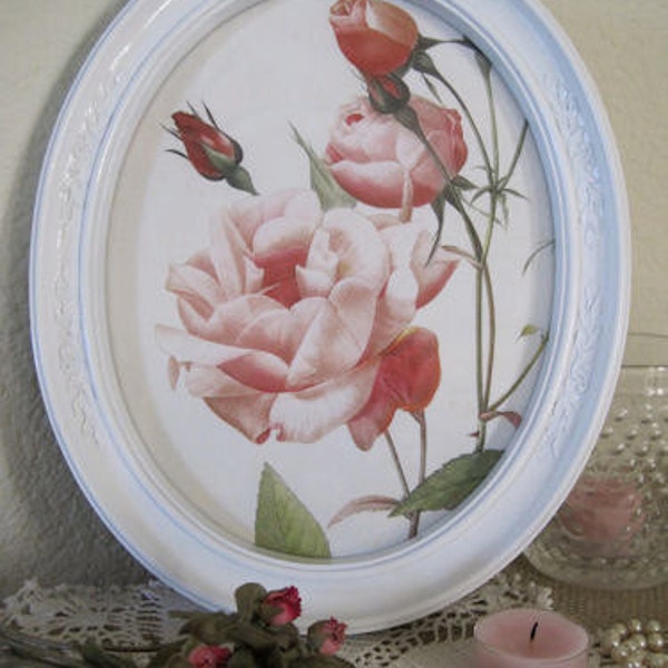 Romantic White Oval Frame with Pierre-Joseph Redoute Rose Picture